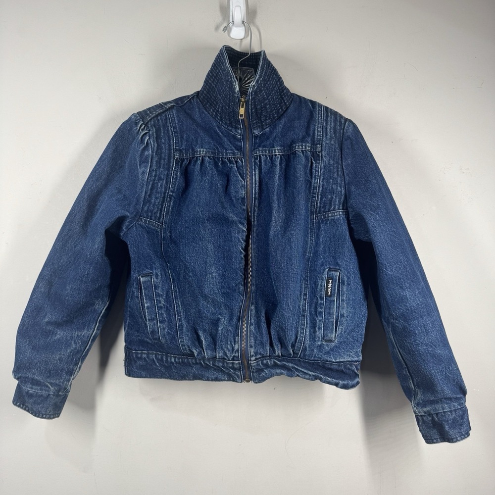 Vtg Izzi Acid Wash Dark Blue Insulated Puff Sleeve Plaid Lined Denim Jacket Sz S
